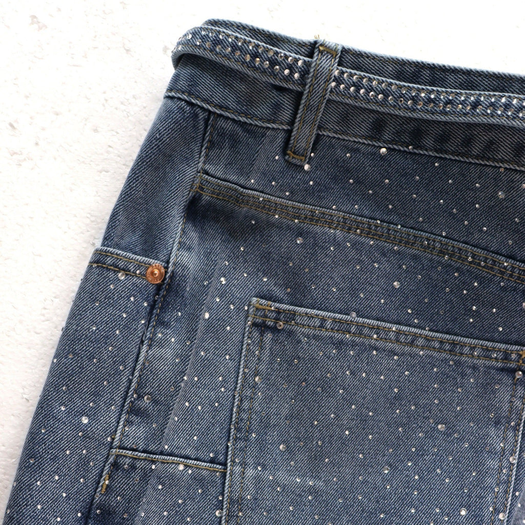 Purple Brand Rhinestone Straight‑Leg Denim Shorts Unisex