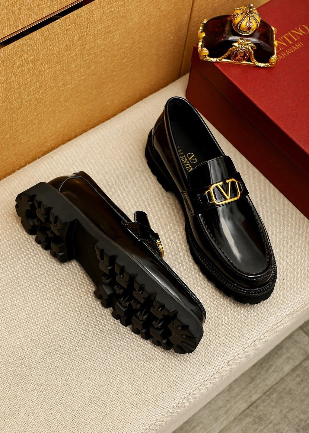 Valentino Black Buckle Lug Sole Loafers