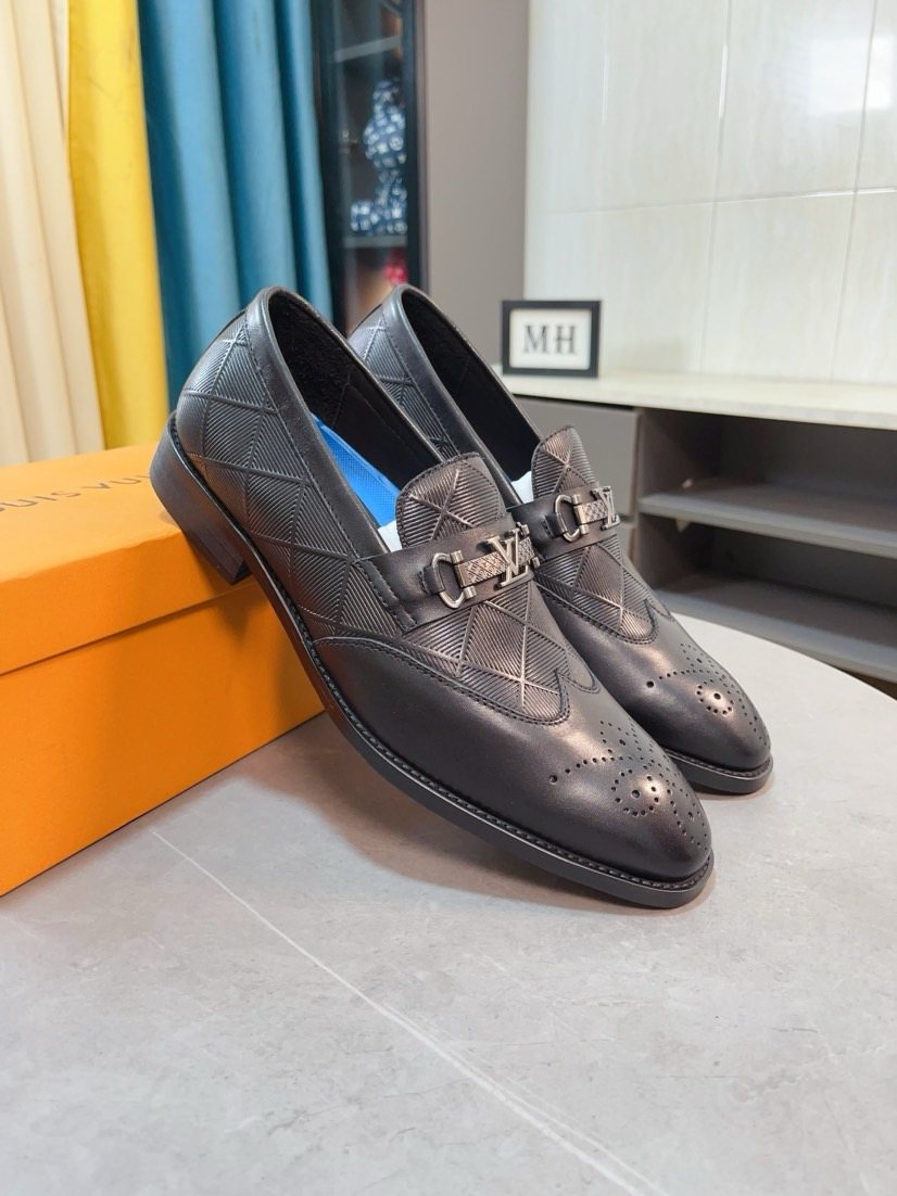 Louis Vuitton Embossed Logo Slip-On Dress Shoes - Dark Charcoal Gray